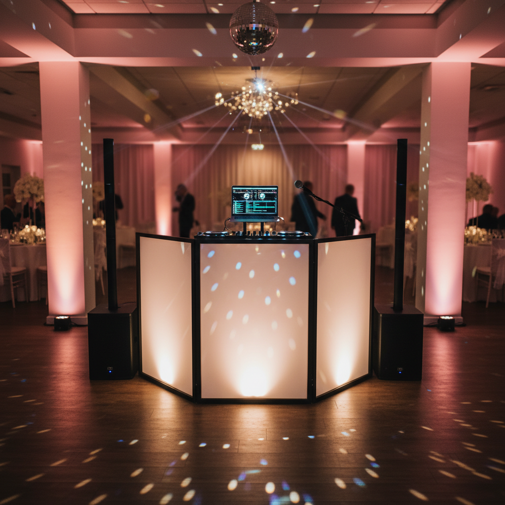 A polished wedding reception dance floor with a central, elevated DJ stand in brushed black metal, fronted by a clean white LED facade glowing softly. On top, a laptop with waveform displays, a compact controller, and a wireless microphone sit neatly arranged. Surrounding the booth, slim column speakers and discreet uplights wash the walls in warm amber and soft blush tones. Overhead, a mirrorball and subtle moving lights cast crisp beams and delicate patterns across the wooden floor. Photographic realism, shot from eye level with a shallow depth of field, keeping the DJ booth in sharp focus while the decorated venue fades into a gentle bokeh. The mood is elegant yet bold, ideal for upscale wedding DJ services.
