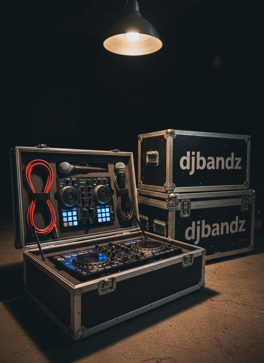 A moody backstage gear prep scene featuring an open black hard case lined with custom-cut foam, perfectly cradling a DJ controller, wireless microphones, and coiled premium cables. Beside it, a stack of flight cases with metal corners and bold stencil lettering “djbandz” sits on a slightly worn concrete floor. A single warm overhead work light pools illumination onto the gear, leaving the background in deep shadow. Photographic realism, shot from a low angle at close range, drawing attention to textures: brushed metal, dense foam, rugged plastic, and scuffed aluminum edges. The atmosphere feels bold, gritty, and professional, communicating readiness, reliability, and the behind-the-scenes strength of a serious DJ service operation.