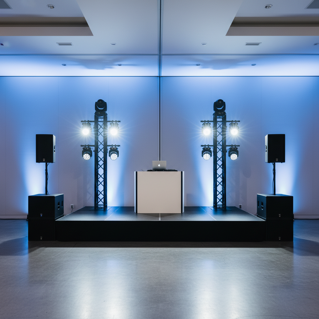 A full-event lighting and sound rig for a corporate event, arranged symmetrically on a sleek stage in a modern conference hall. Twin truss towers in matte black rise on either side, supporting moving-head lights aimed toward a minimalist DJ console with an integrated controller and hidden cabling, creating a clean look. Subwoofers and top speakers form a powerful yet orderly sound system at floor level. The room’s walls are bathed in bold blue and white uplighting, reflecting subtly off polished concrete floors. Photographic realism, captured from a centered, slightly elevated angle with sharp focus throughout. Cool, controlled lighting emphasizes professionalism and technical excellence, conveying a confident, high-impact DJ service tailored for business events and large-scale presentations.