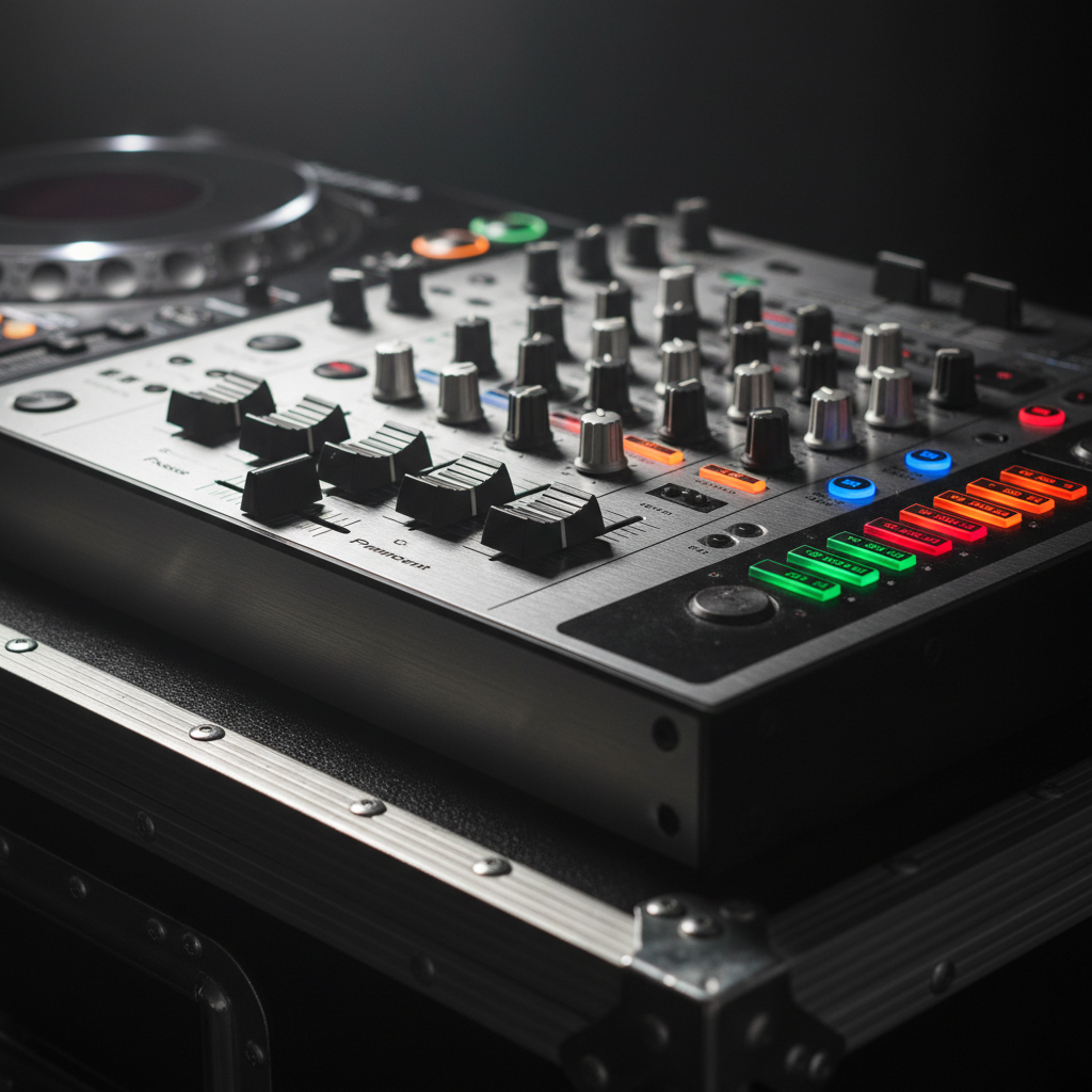 A dramatic close-up of a DJ mixer’s central section, every detail sharply rendered: brushed metal surface, knurled aluminum knobs, faders with tiny specks of wear, and multi-colored LED level meters climbing in sync with the imaginary beat. Individual buttons glow in saturated reds, greens, and blues against the dark chassis. The mixer rests on a textured black road case lid with metal rivets and edges visible. A single focused spotlight from above-left creates crisp highlights and long diagonal shadows, giving the image a bold, cinematic feel. Photographic realism, shot with very shallow depth of field so only the nearest controls are razor sharp, while the rest gently blur into the background, embodying precision and intensity of professional DJ performance.