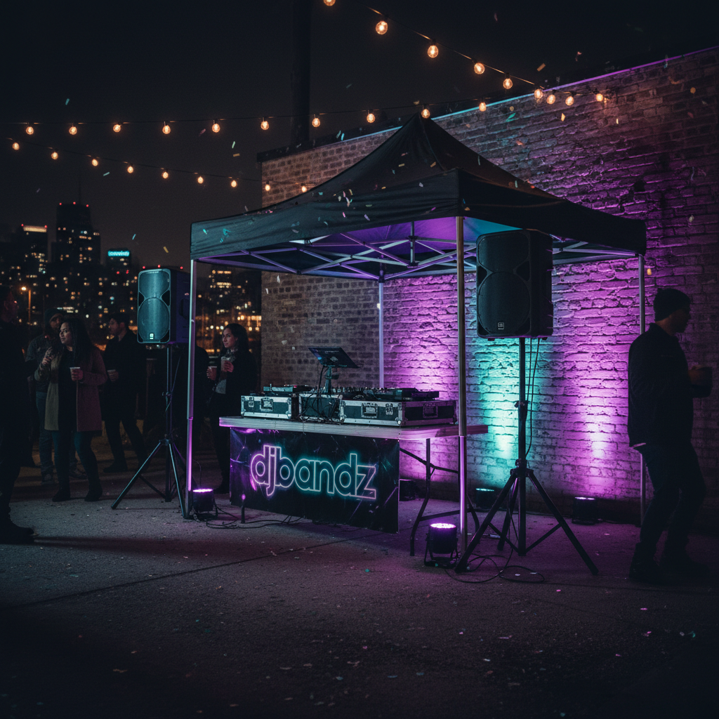 An outdoor nighttime party scene centered on a rugged portable DJ setup under a black canopy. A weather-resistant mixer and controller sit on a sturdy folding table, wrapped in a custom “djbandz” graphic in bold neon typography. Compact battery-powered uplights line the edges, throwing intense purple and teal beams onto a nearby brick wall. Two powerful speakers on tripods frame the setup, their front grilles catching glints of light. Photographic realism, captured from a three-quarter angle with wide framing to show surrounding string lights and distant city skyline softly blurred. The lighting is moody and energetic, with deep shadows and vibrant color accents, conveying a fearless, street-smart DJ service ready for any party.